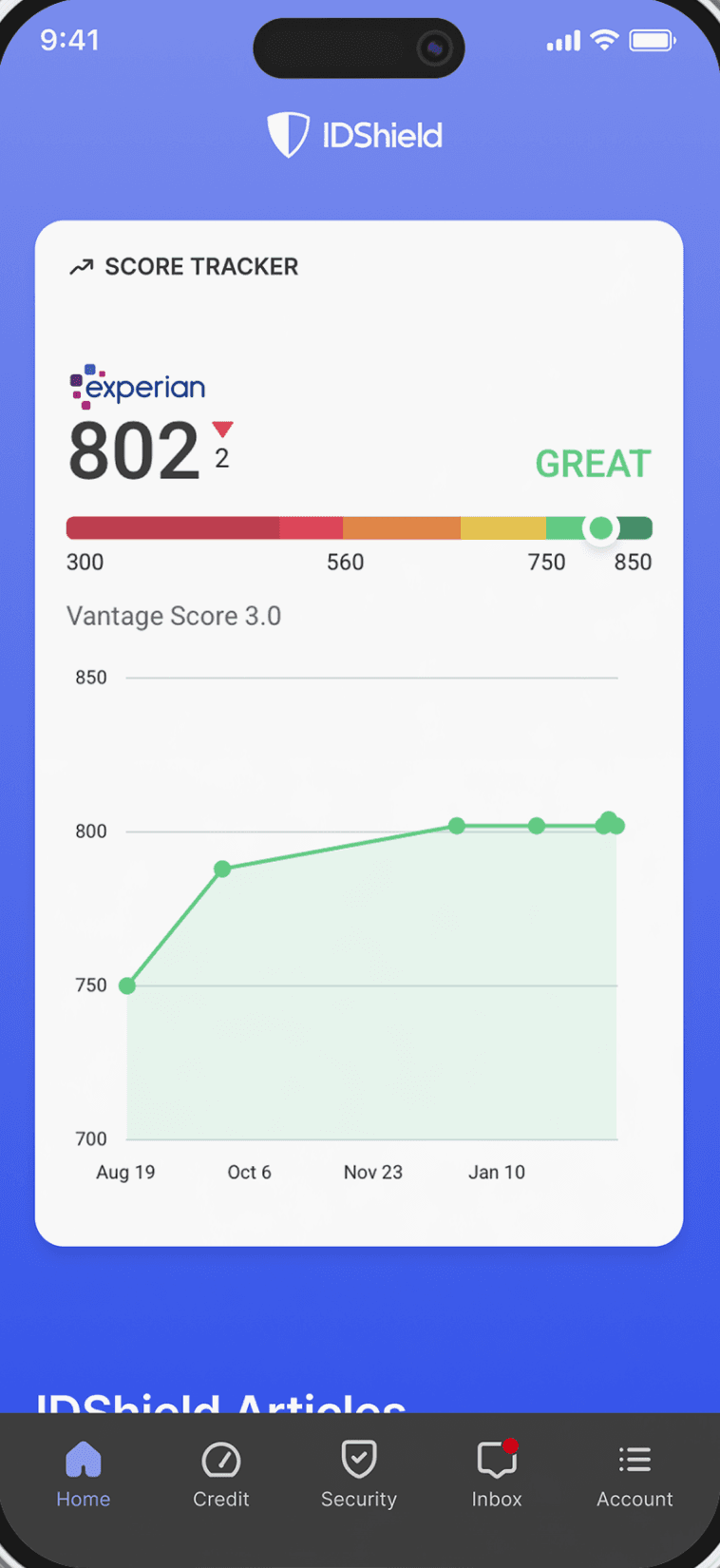 IDShield mobile app score tracker screen